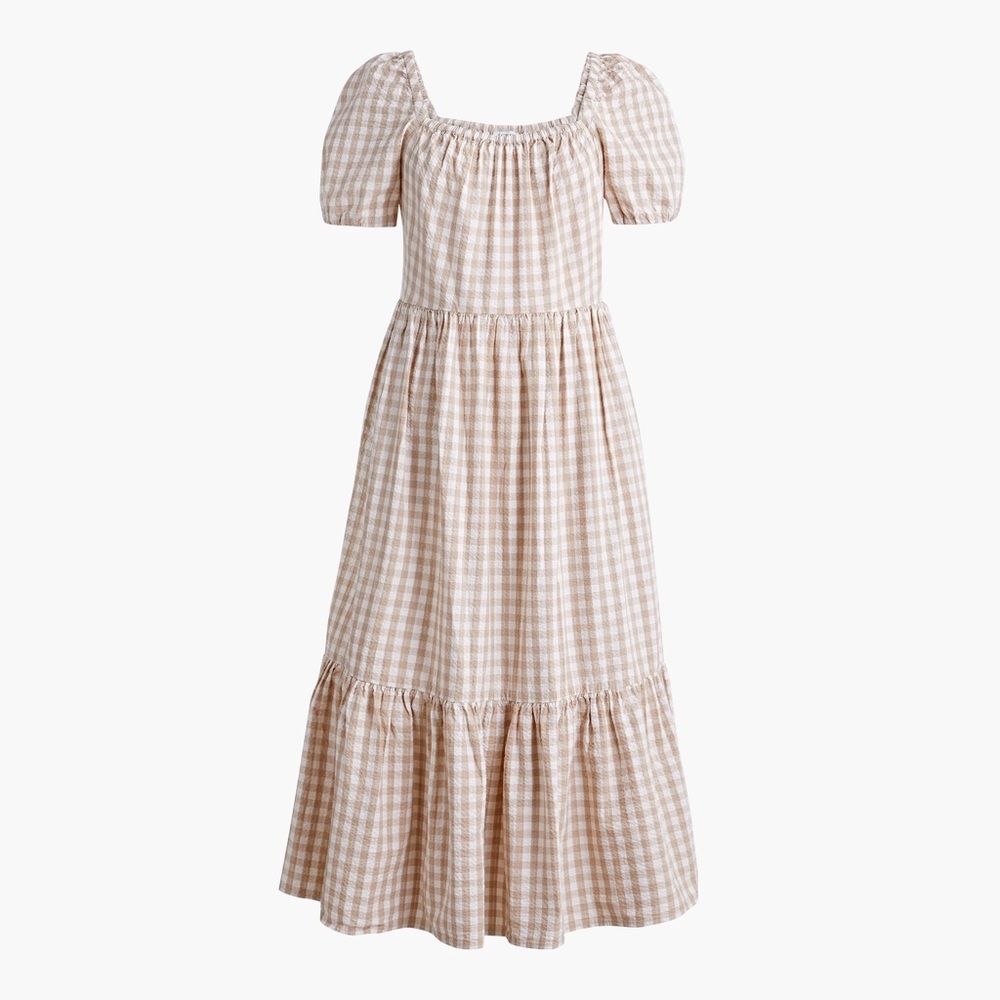 JCrew Factory Puff Sleeve Gingham Midi Dress